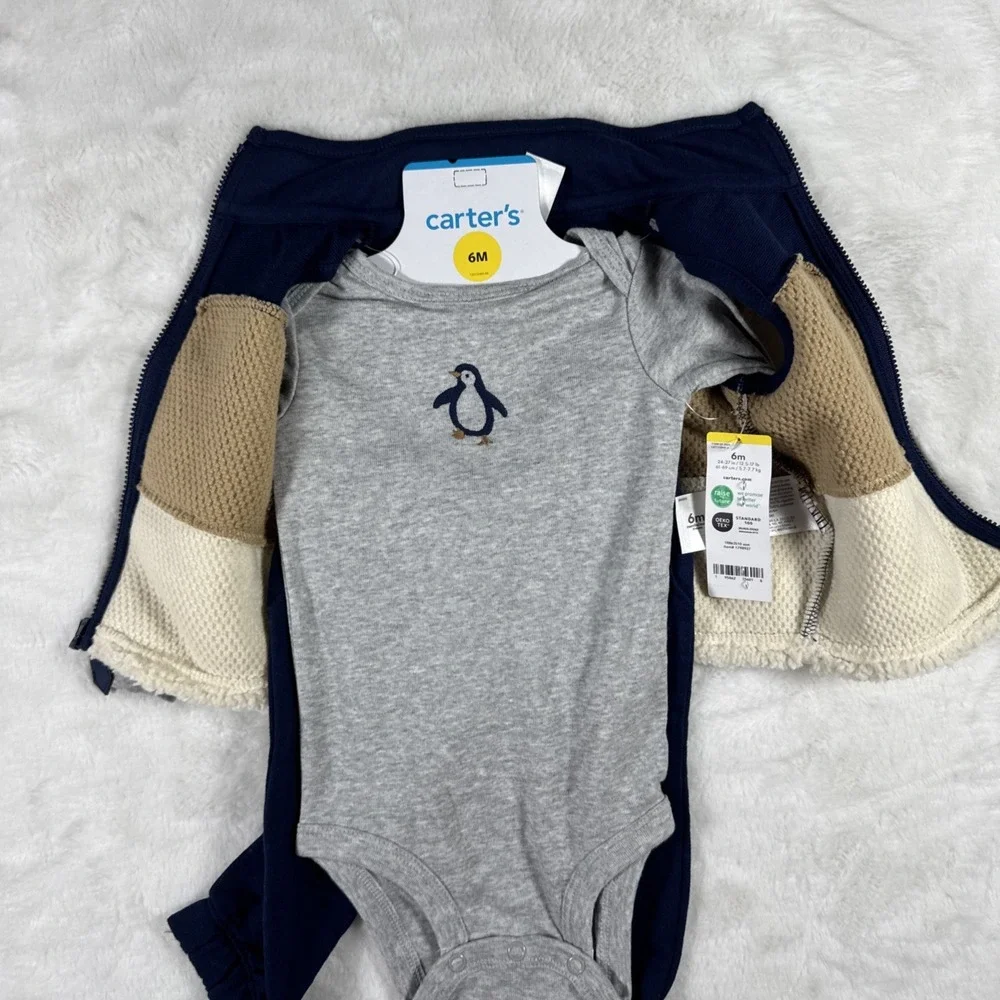 Carters Baby Boy 6M 3-Piece Sherpa Vest Penguin Bodysuit Pants Set Navy Gray NWT